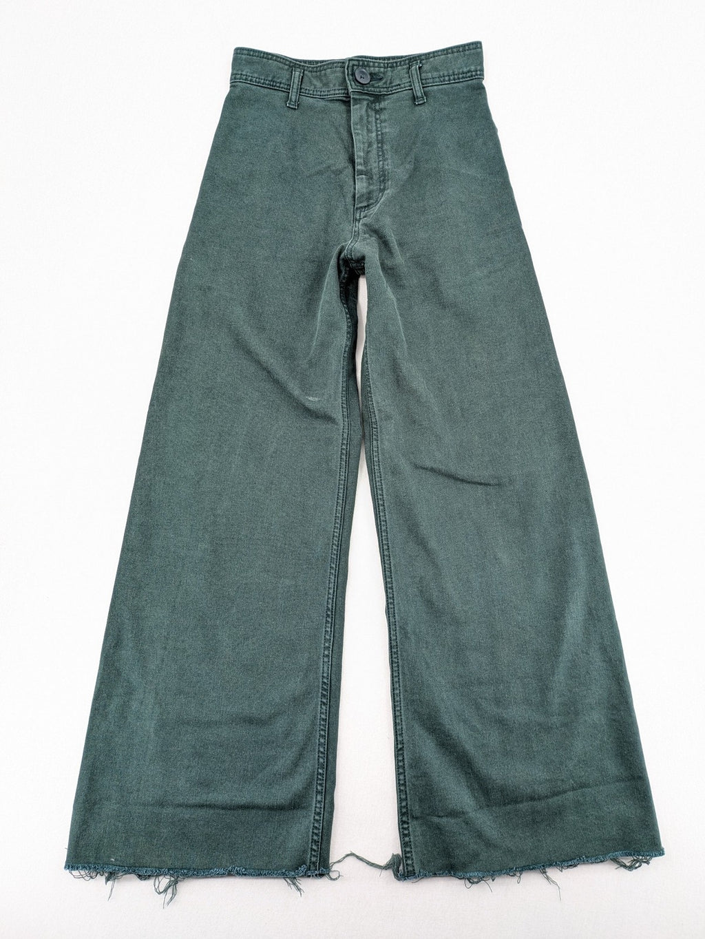 Zara green high waist wide leg jeans with frayed hem and button closure.