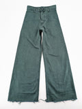 Zara green high waist wide leg jeans with frayed hem and button closure.