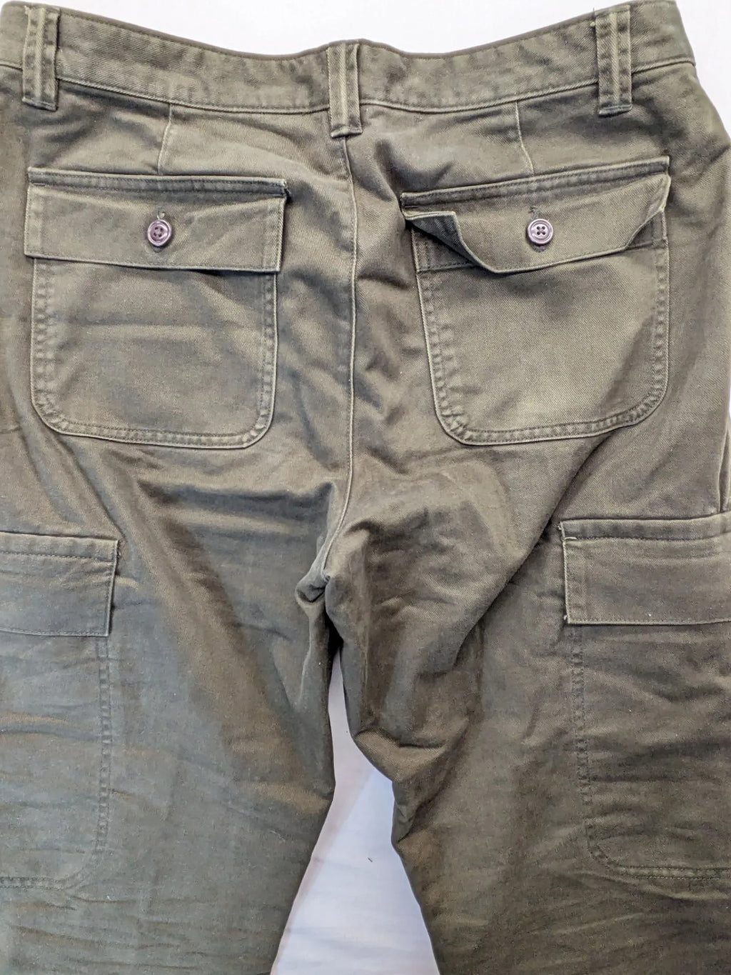 Lands' End green cargo pants with plaid flannel lining and traditional fit design.