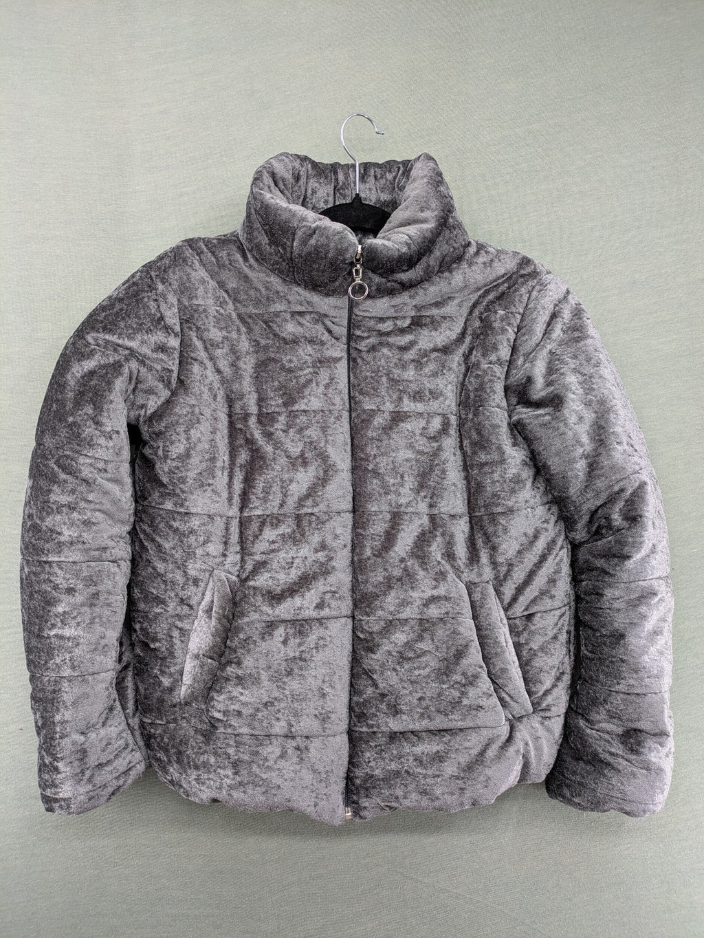 Periot grey puffer jacket with high collar and O-ring zipper detail in velvet texture.