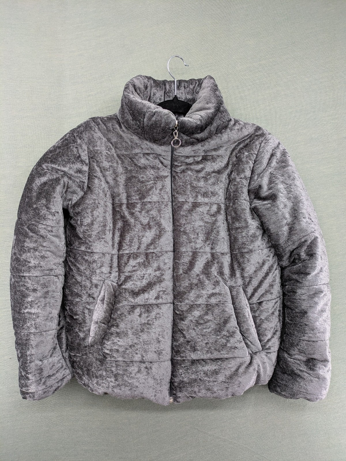 Periot grey puffer jacket with high collar and O-ring zipper detail in velvet texture.
