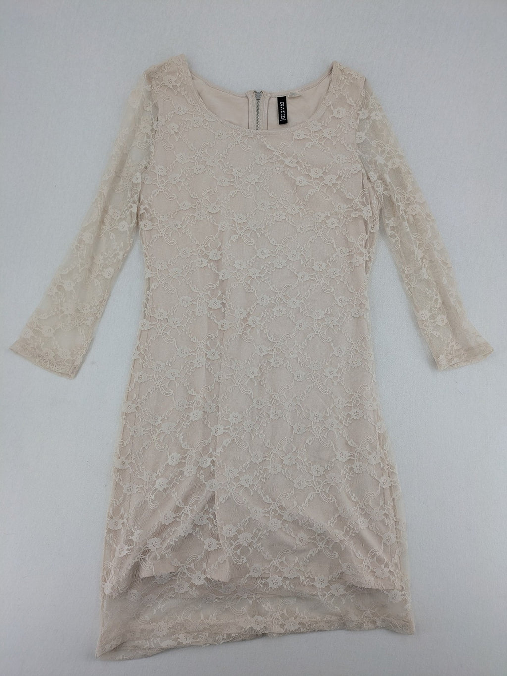 Divided H&M beige bodycon dress floral lace overlay 3/4 sleeves back zipper