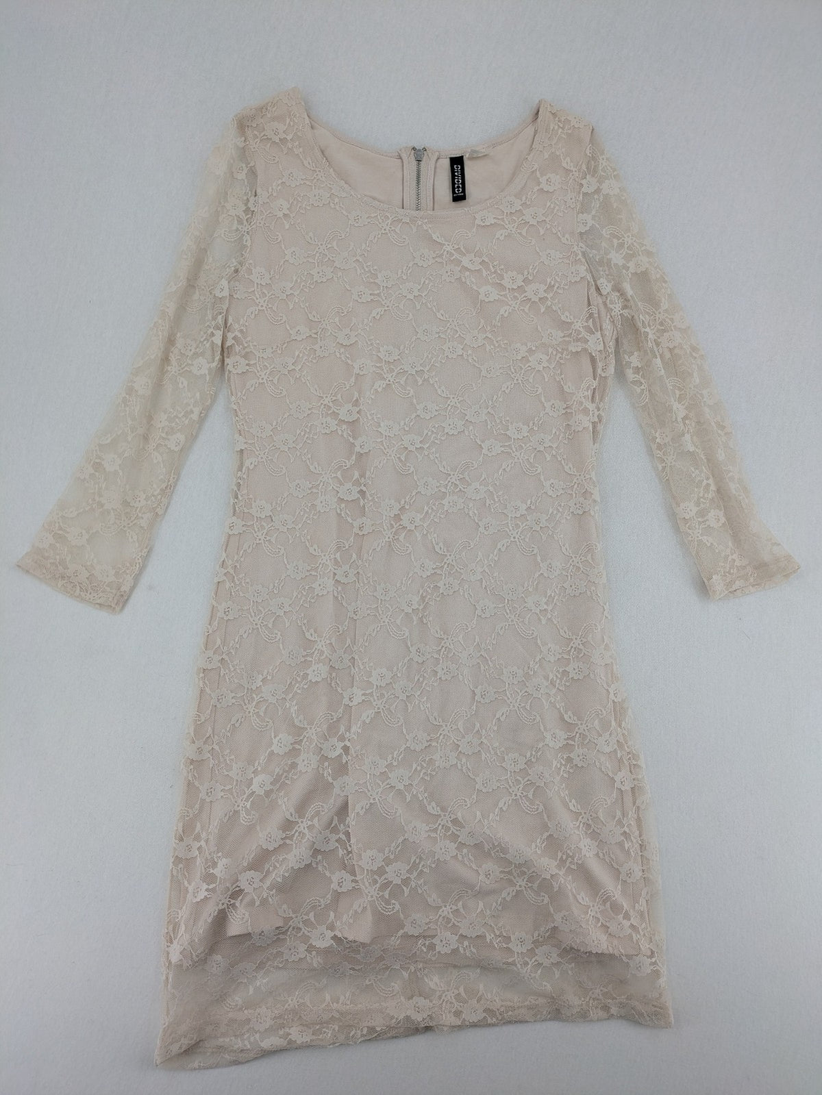 Divided H&M beige bodycon dress floral lace overlay 3/4 sleeves back zipper