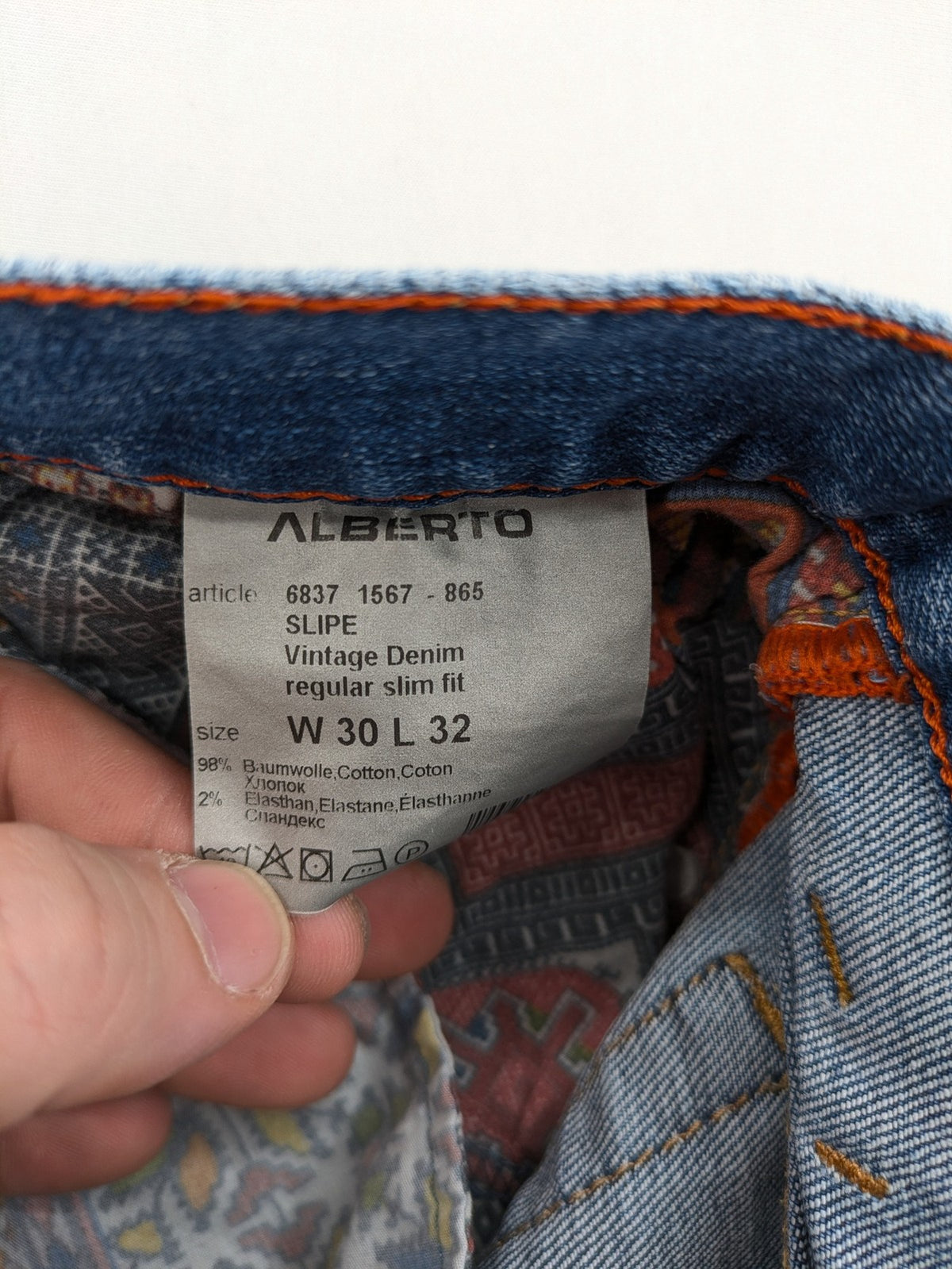 ALBERTO blue straight jeans with orange stitching, vintage denim, regular slim fit.
