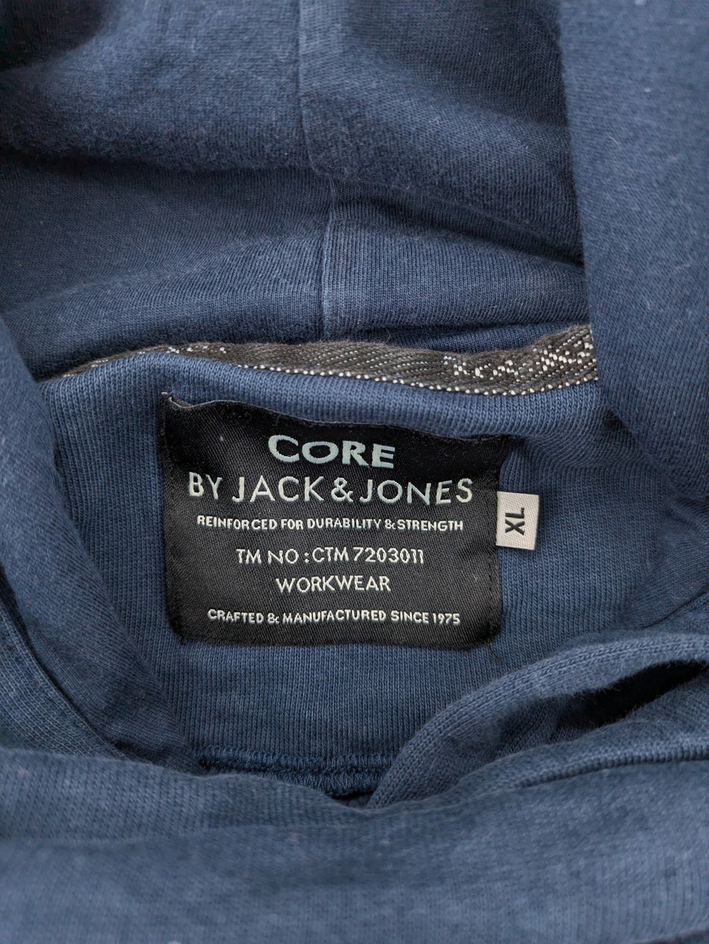 Jack & Jones Core blue hoodie with large gold "C" graphic and high collar.