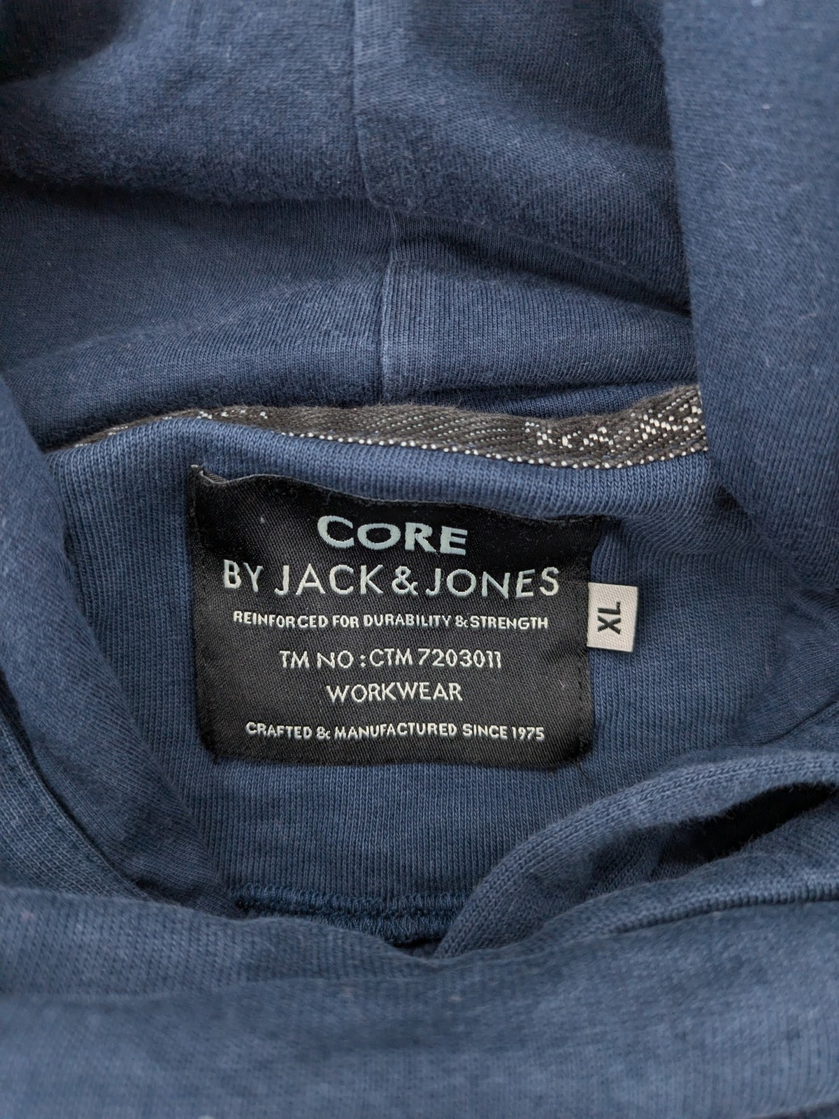 Jack & Jones Core blue hoodie with large gold "C" graphic and high collar.