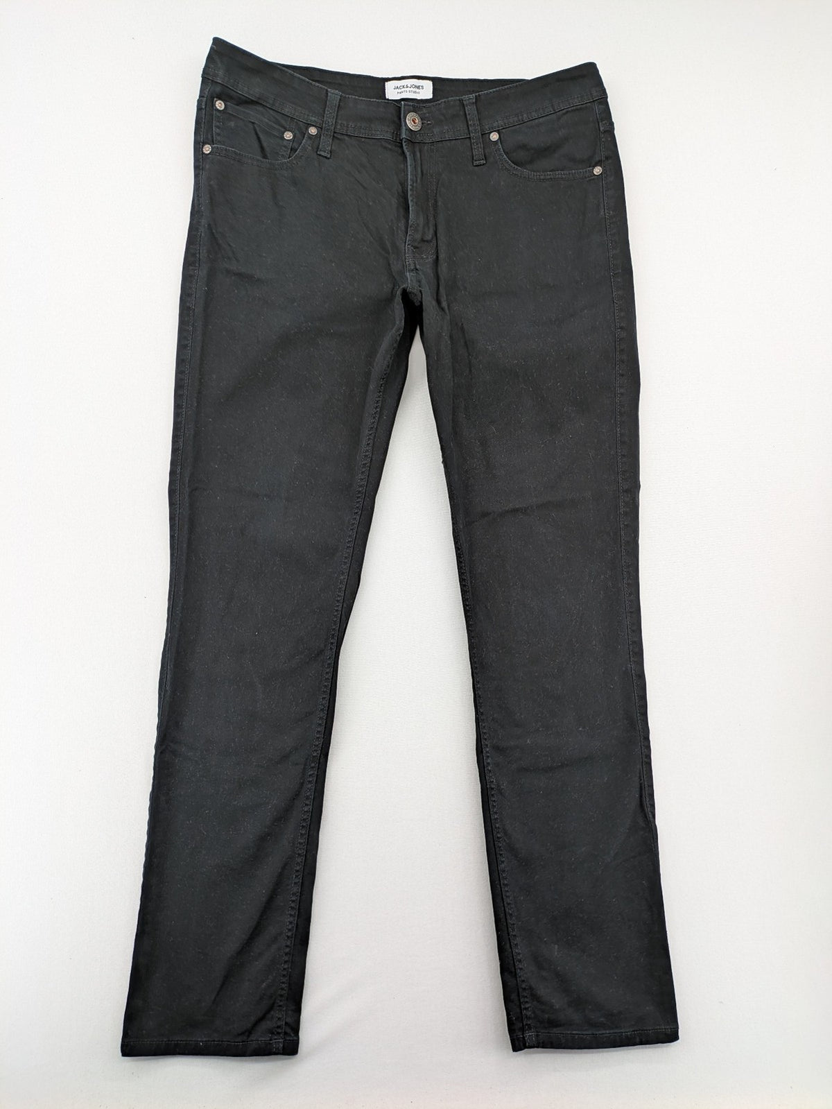 Jack & Jones black slim fit jeans with logo patch and cotton-stretch blend.