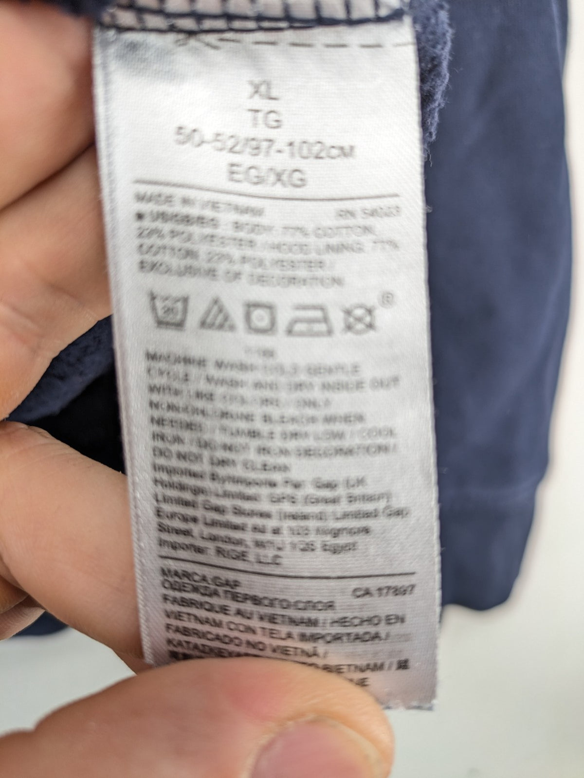 Gap zip-through hoodie navy blue with iconic logo and American flag graphic.