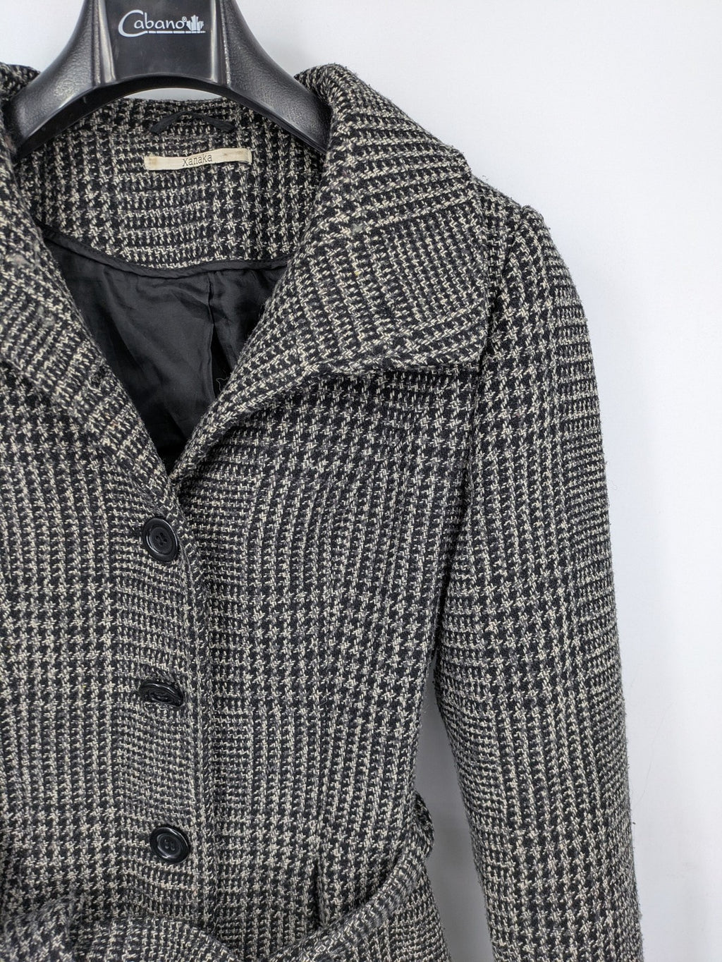 Xanaka beige trench coat houndstooth pattern wool blend with matching belt.