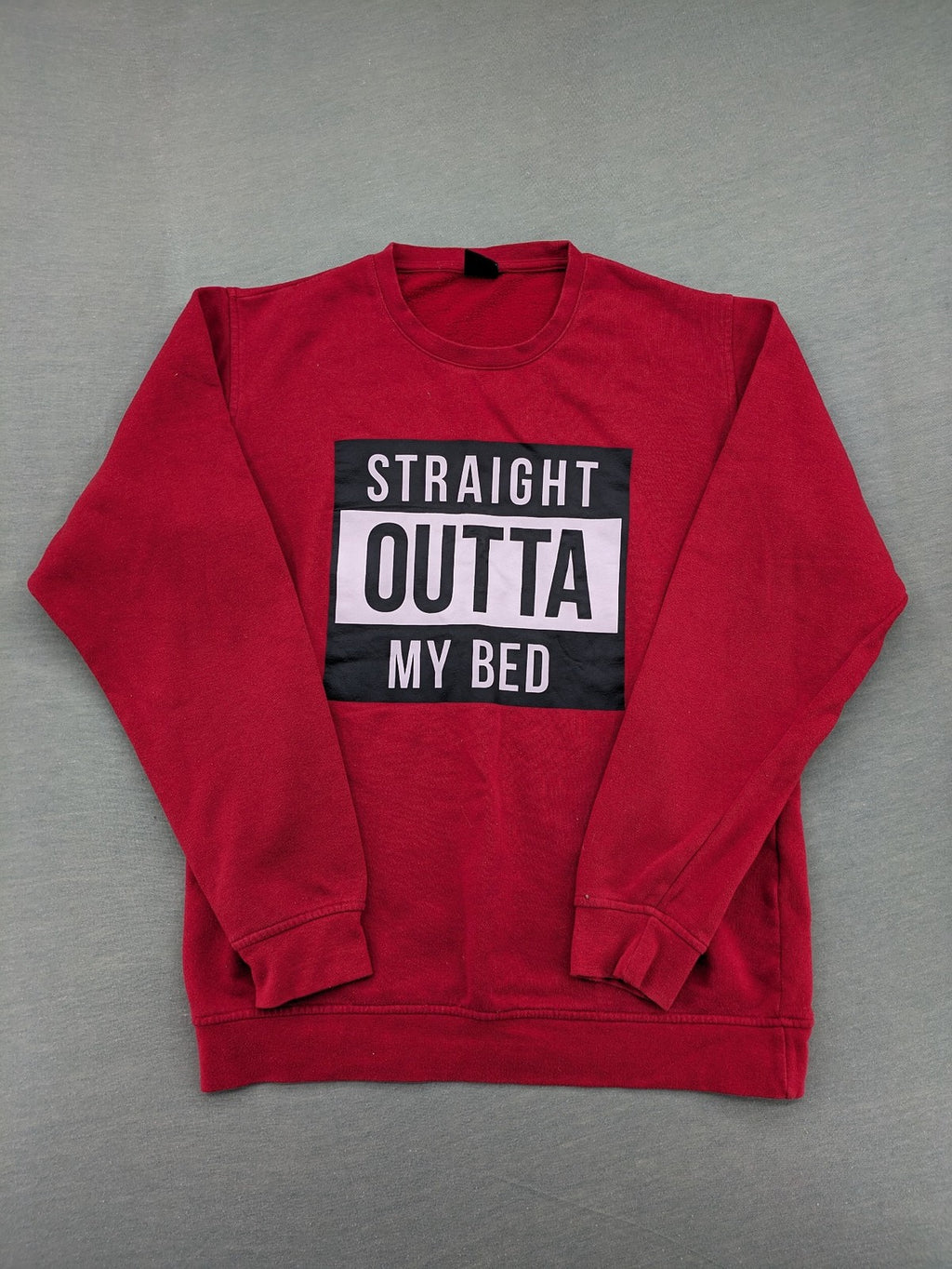 FSBN red turtle neck jumper with "Straight Outta My Bed" graphic print and slim fit.