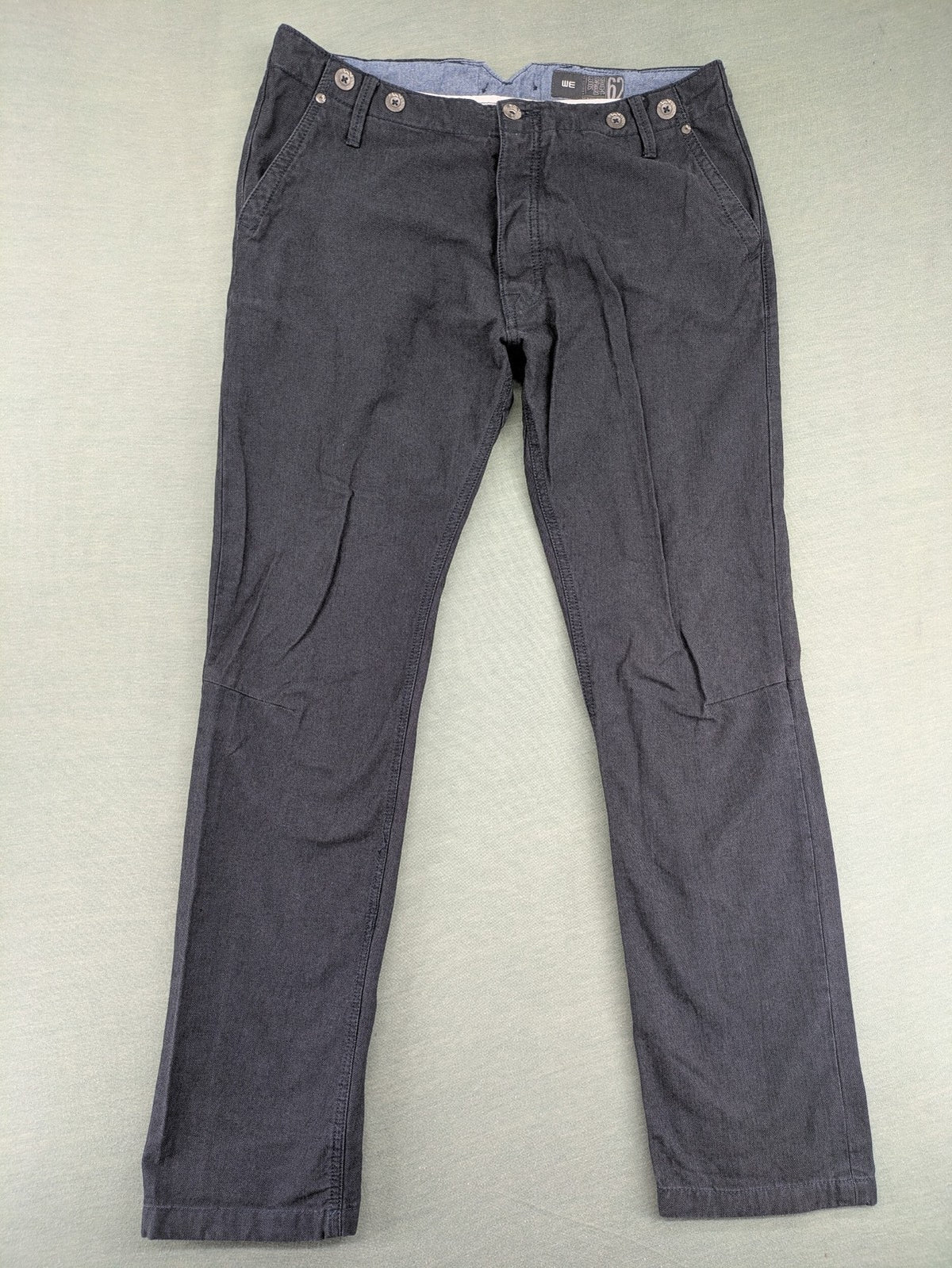 WE grey straight leg chinos 100% cotton button fly with unique brand buttons