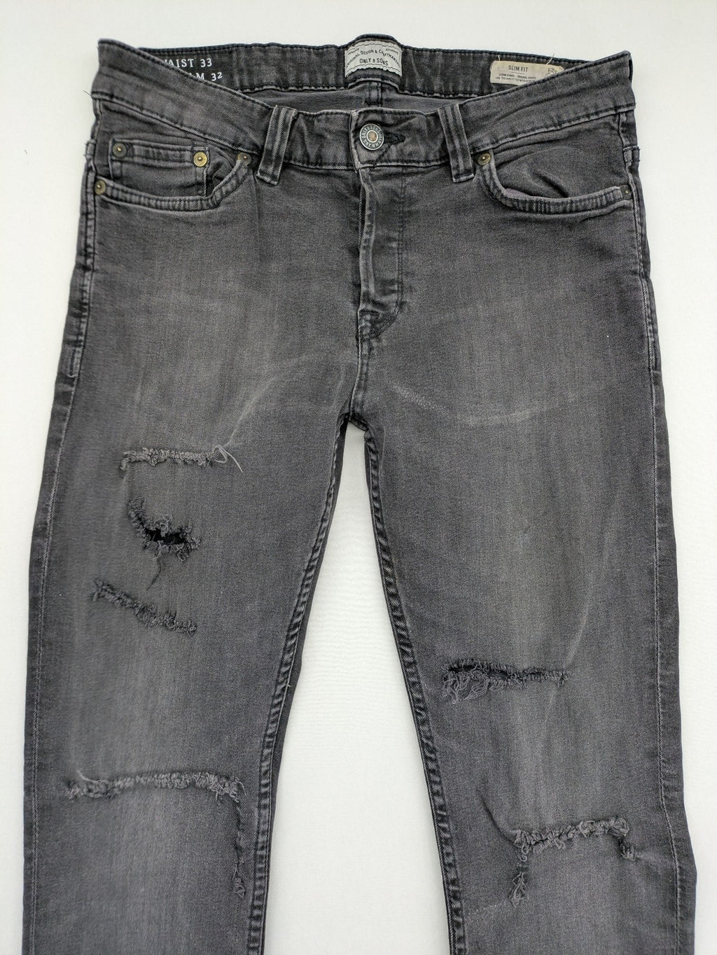 Only & Sons grey slim fit jeans with ripped details and open hem, stretch denim.