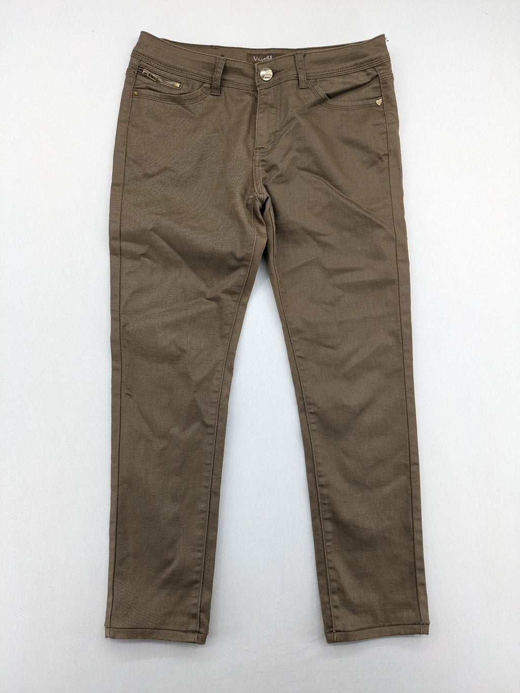 Vavell khaki skinny jeans five-pocket design with unique front zipper detail.