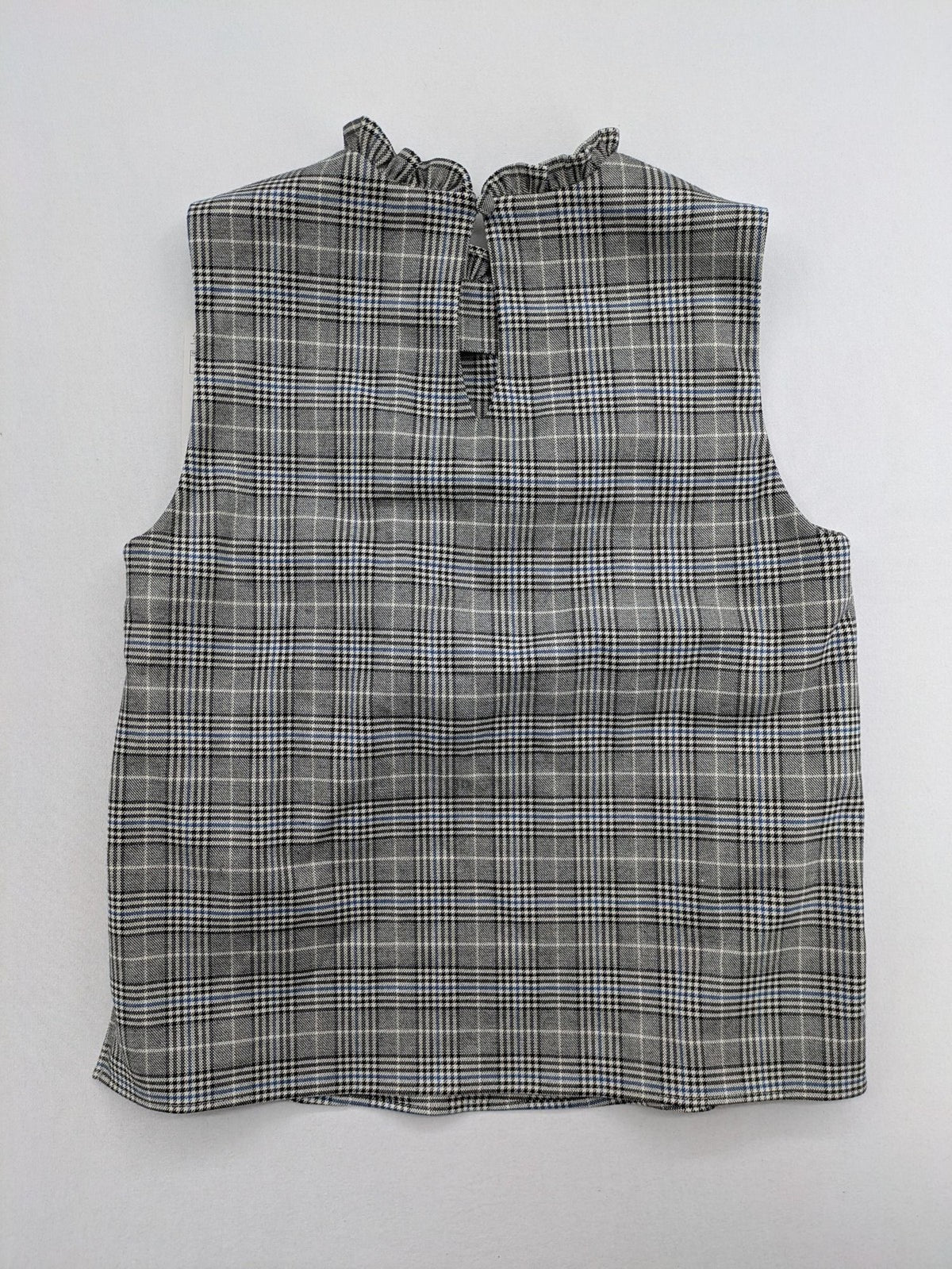 Zara ruffled sleeveless blouse grey check pattern high ruffle collar with blue, black, white accents