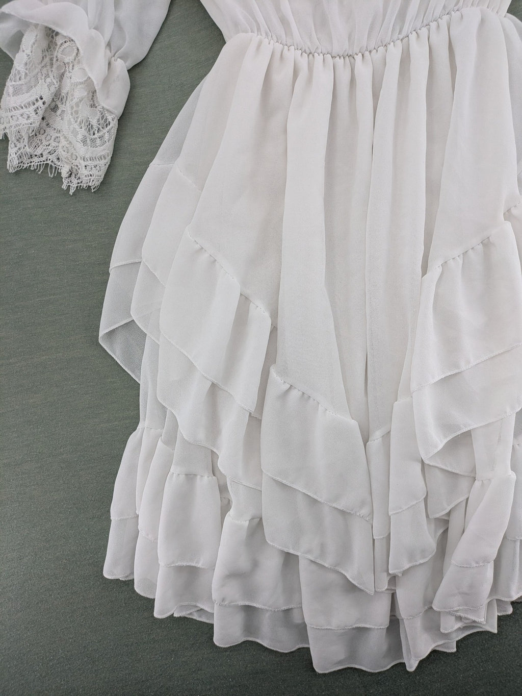 Amalfi white bridal party dress V-neck layered ruffles with lace trim sleeves