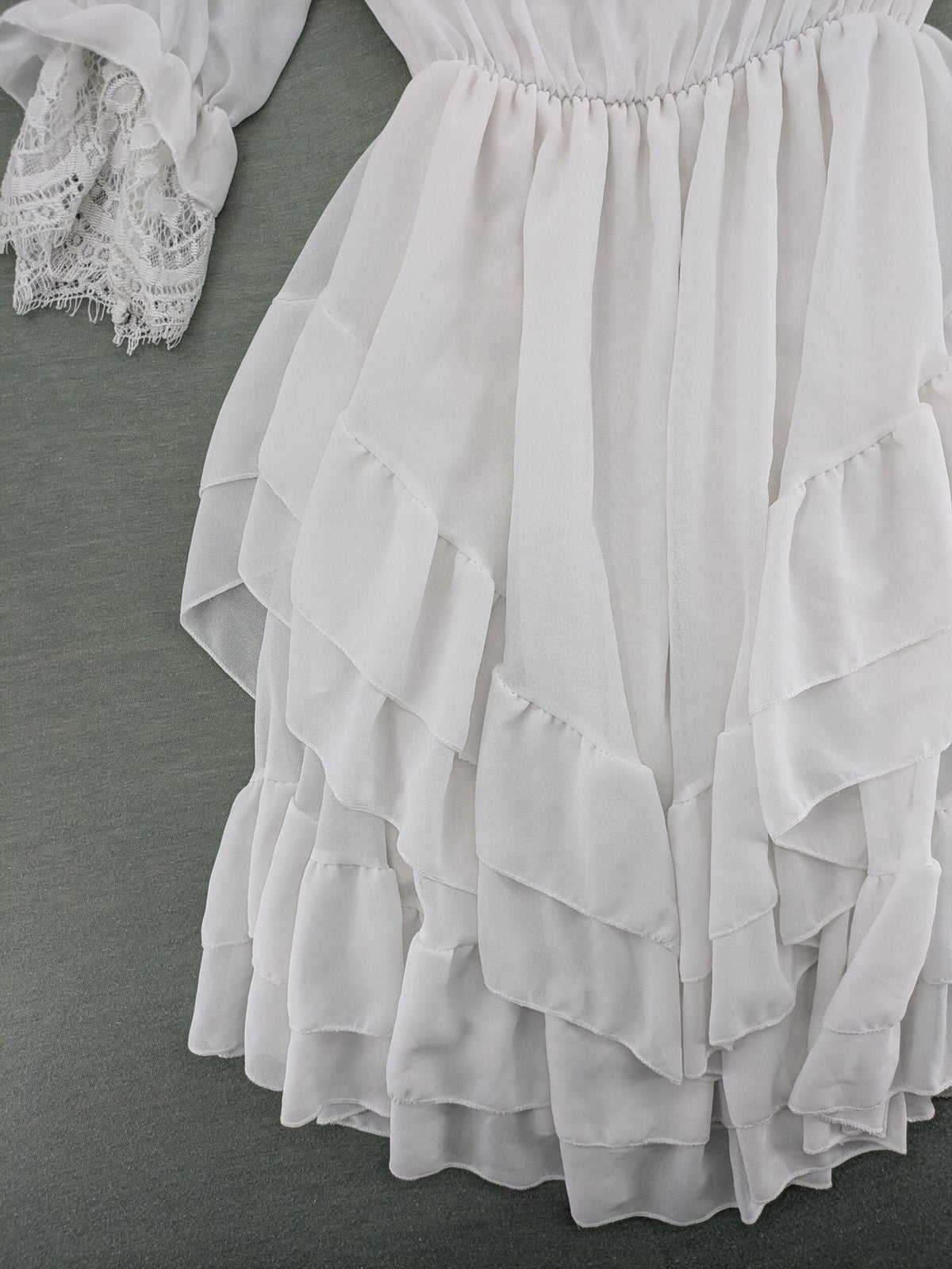 Amalfi white bridal party dress V-neck layered ruffles with lace trim sleeves