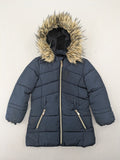 GEF cream coat with quilted design, fleece-lined hood, and faux fur trim.