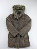 tcm brown suede parka coat with faux fur hood and fully lined interior
