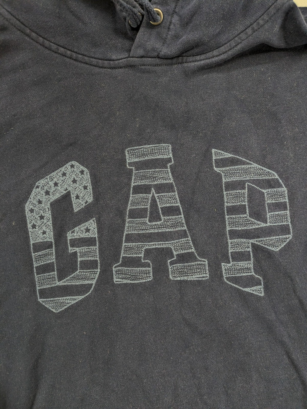Gap zip-through hoodie navy blue with iconic logo and American flag graphic.