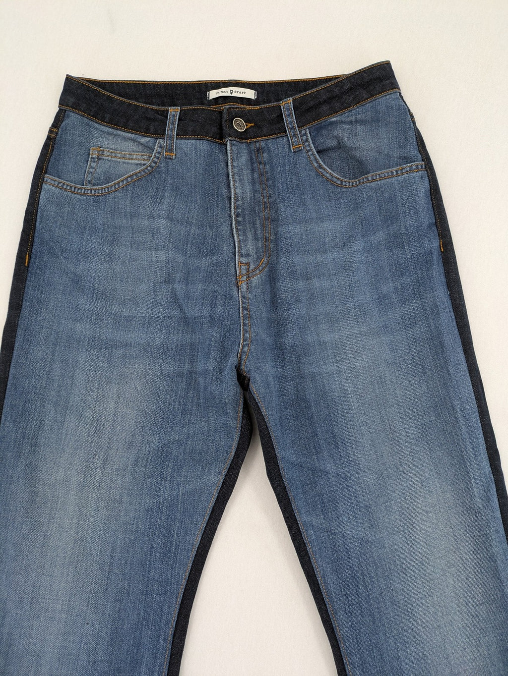 Funky Staff two-tone straight jeans black and blue, colorblock design, embroidered logo on back pocket.