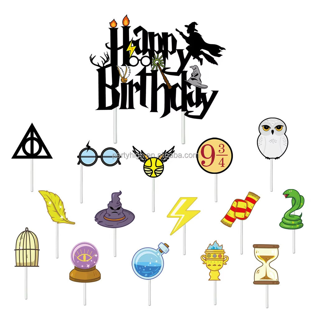 XXL Harry Potter birthday decoration set red and yellow with wizard-themed balloons and banner.
