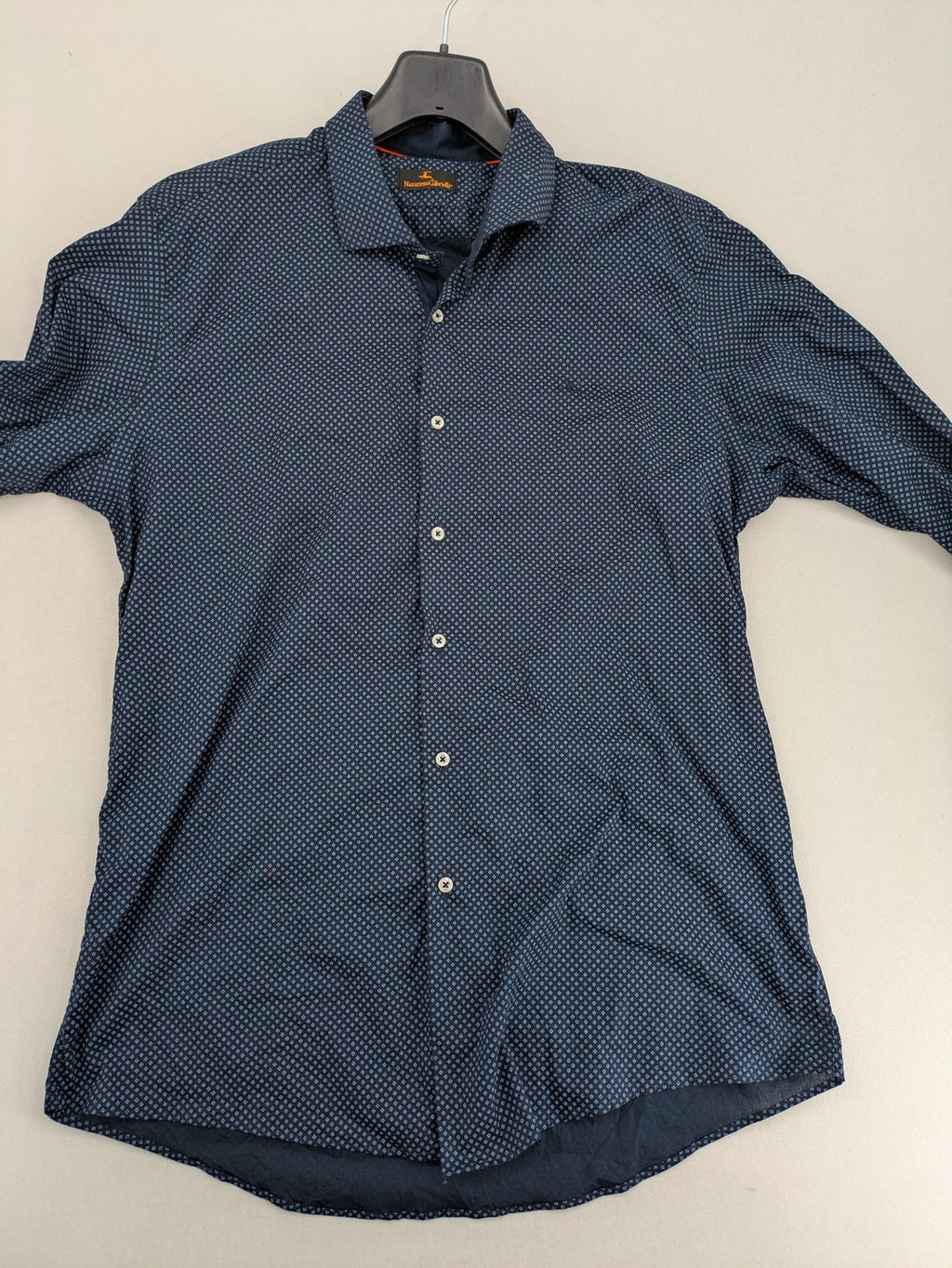 Nazareno Gabrielli blue button-up shirt with subtle pattern and classic collar, made in Italy.