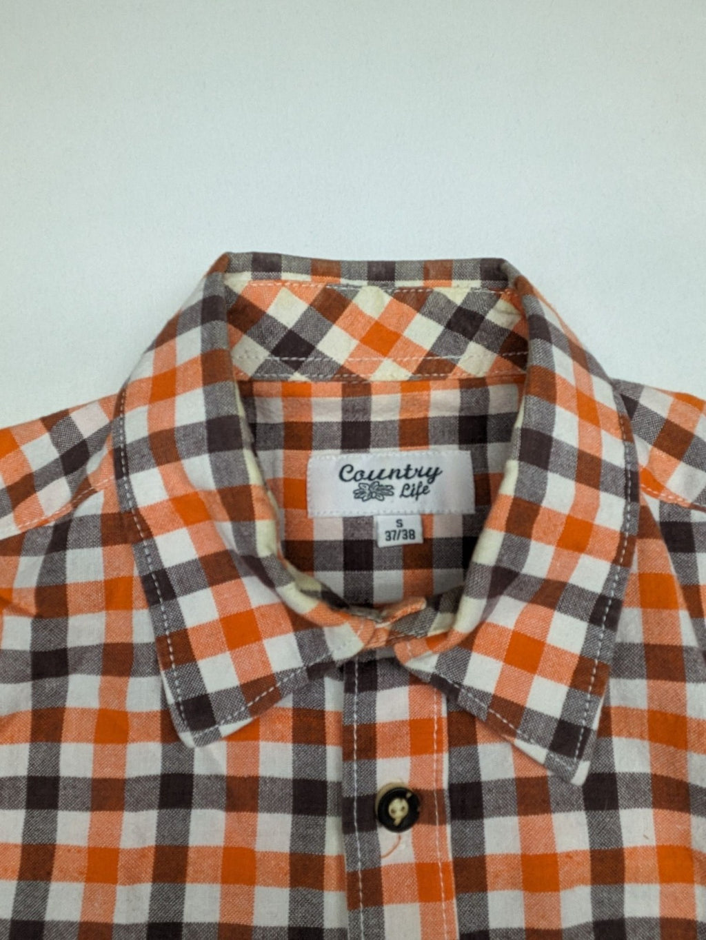 Country Life orange checkered shirt, 100% cotton, single chest pocket, button-down style.