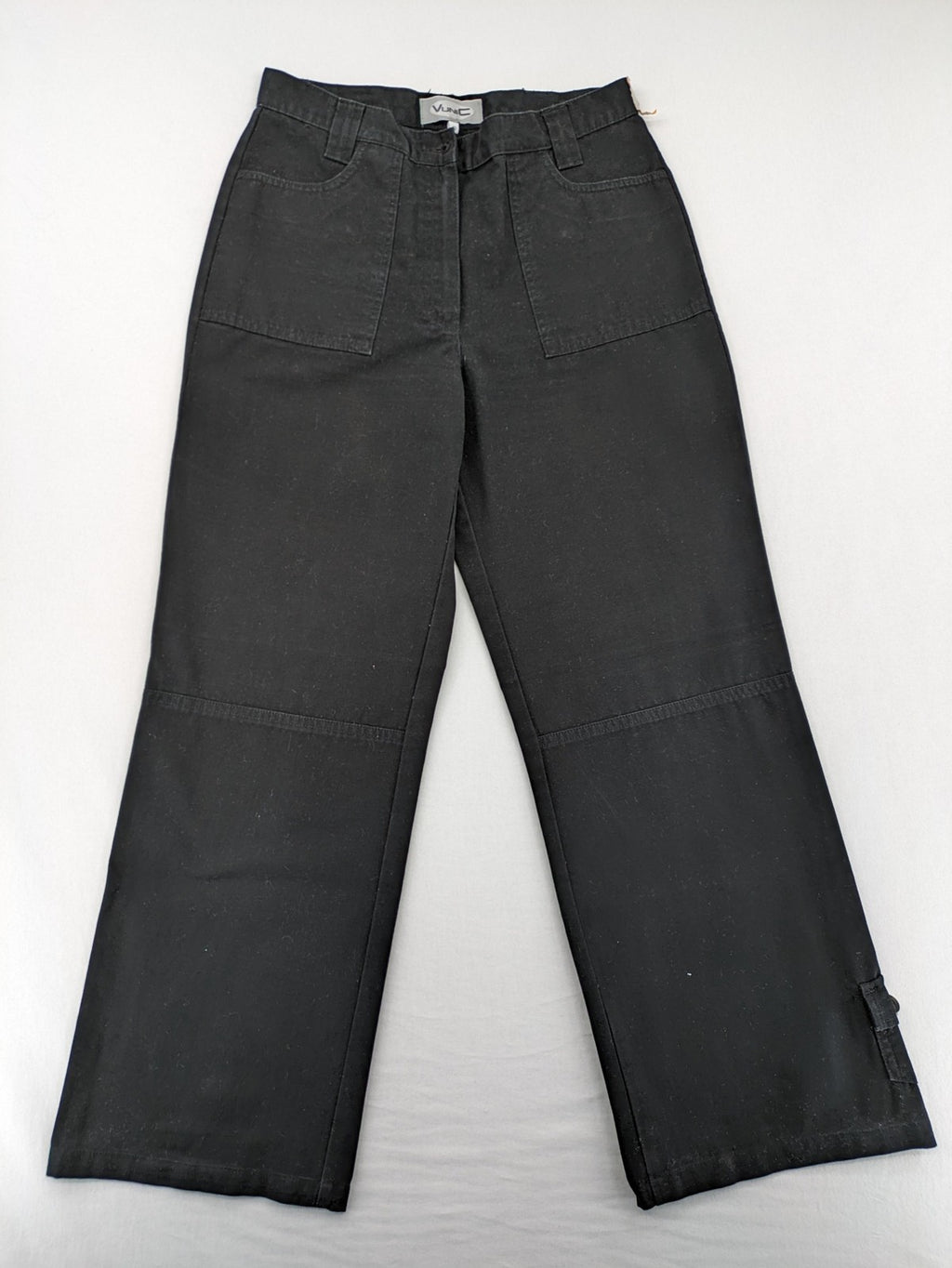 Vunic black cargo pants high-waisted straight leg cotton with zipper and button closure.