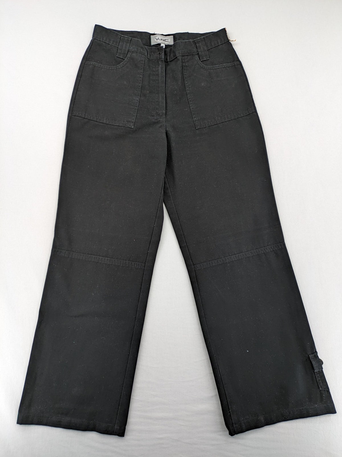 Vunic black cargo pants high-waisted straight leg cotton with zipper and button closure.