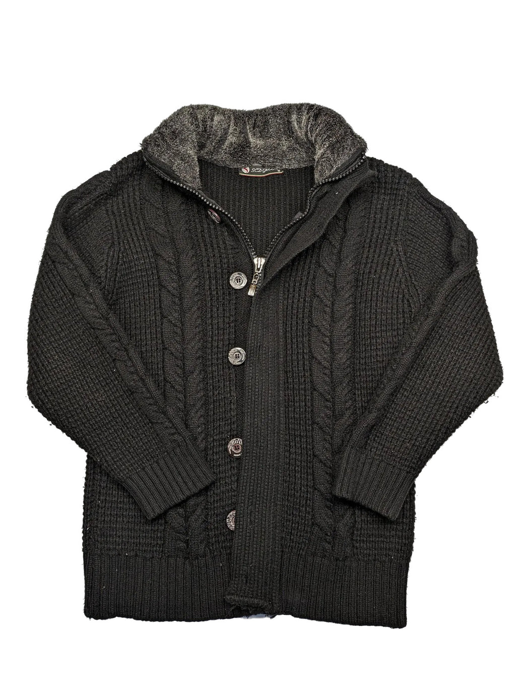 SCD Green grey turtle neck jumper with cable knit pattern and dual closure.