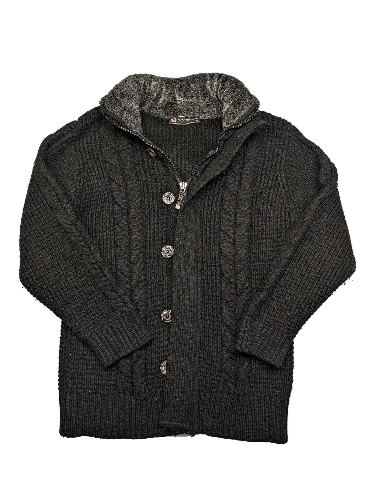 SCD Green grey turtle neck jumper with cable knit pattern and dual closure.