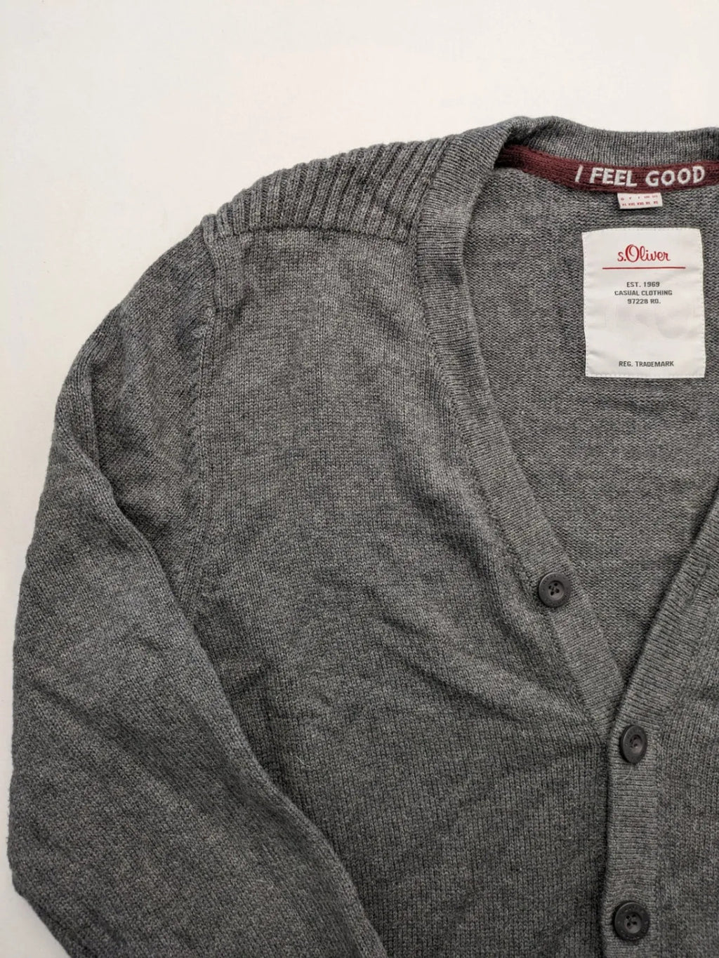 s.Oliver grey turtle neck jumper with varsity college patch and button closure.