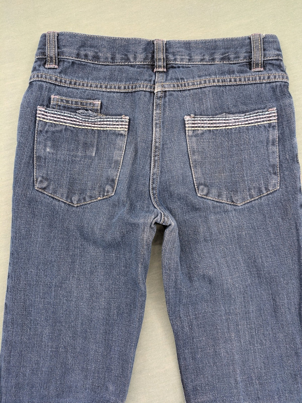 Straight Leg blue pants 100% cotton with decorative stitching and classic 5-pocket style.