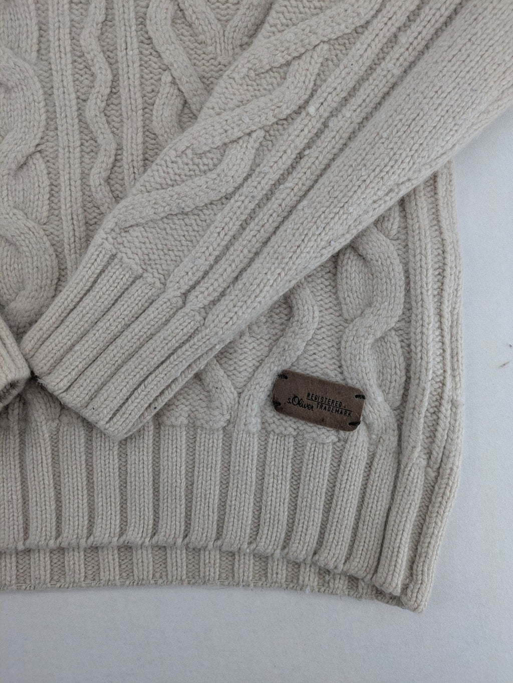 s.Oliver beige turtle neck jumper with cable knit pattern and toggle button detail