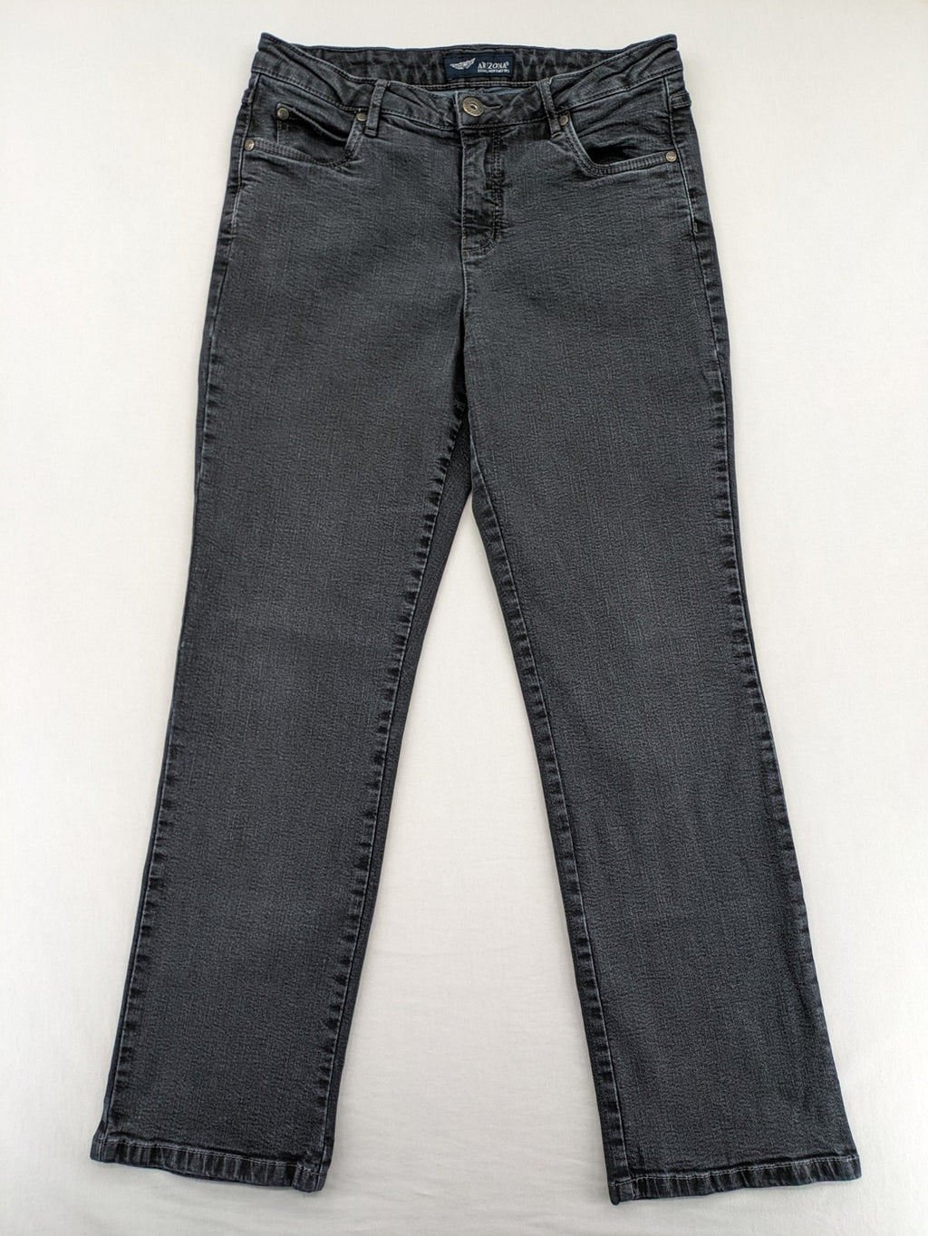 Arizona grey straight jeans with pearl-embellished wing appliqué on back pocket.