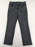 Arizona grey straight jeans with pearl-embellished wing appliqué on back pocket.