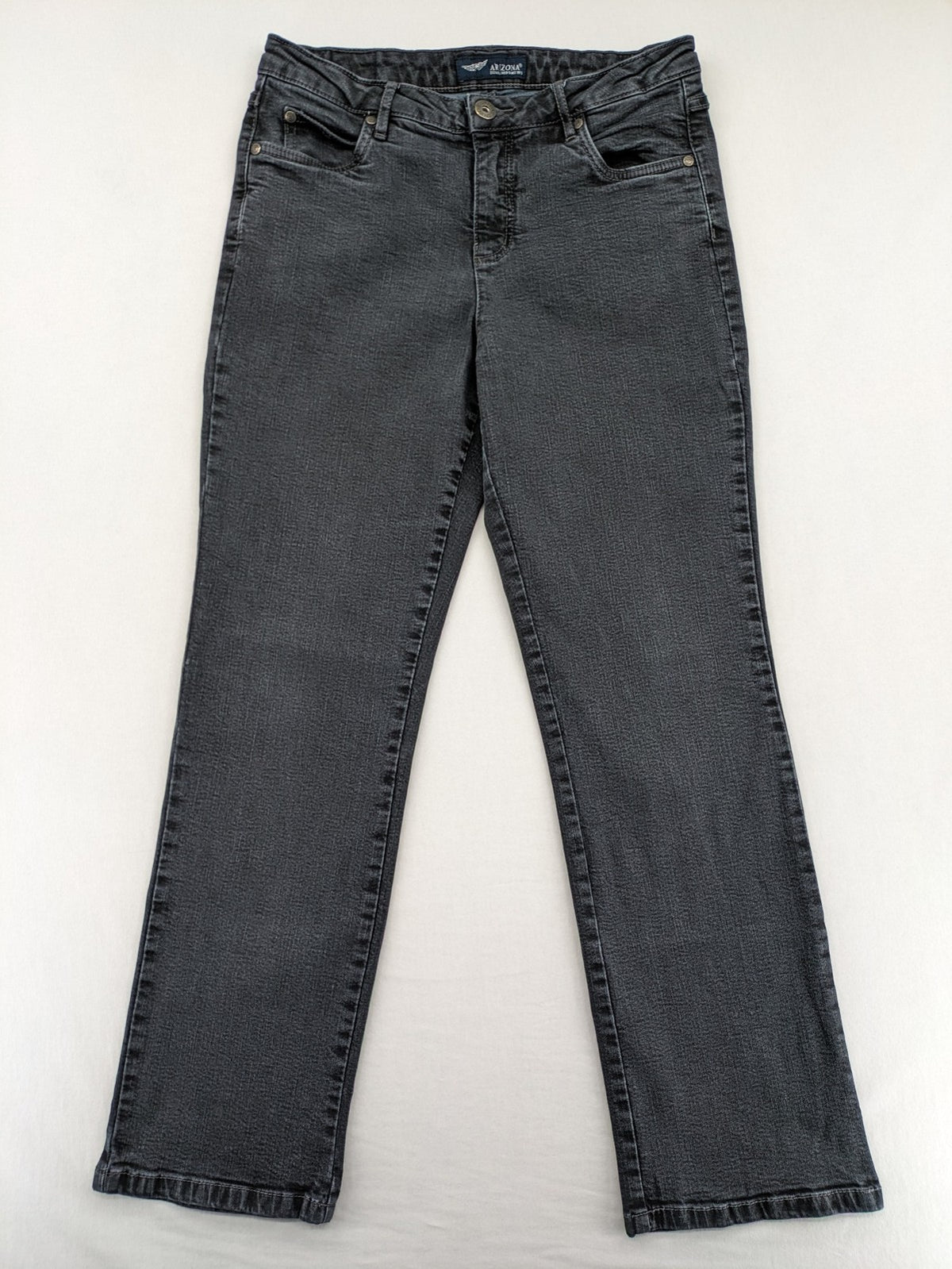 Arizona grey straight jeans with pearl-embellished wing appliqué on back pocket.