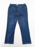 Outfit blue straight jeans with elastic waistband and embroidered crown-wing emblem on pockets.