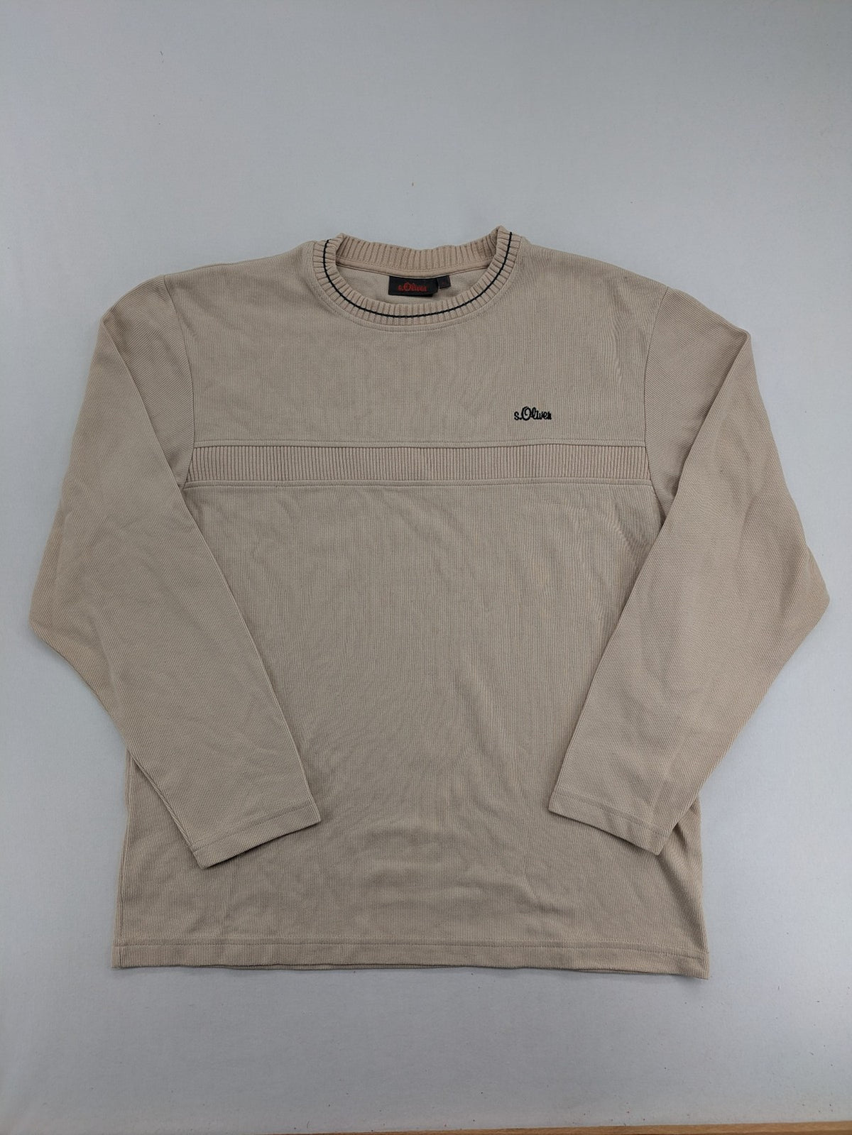 s.Oliver beige turtle neck jumper with ribbed texture and embroidered logo on chest
