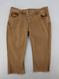 Buena Vista beige capri jeans with frayed hem and button fly detail.