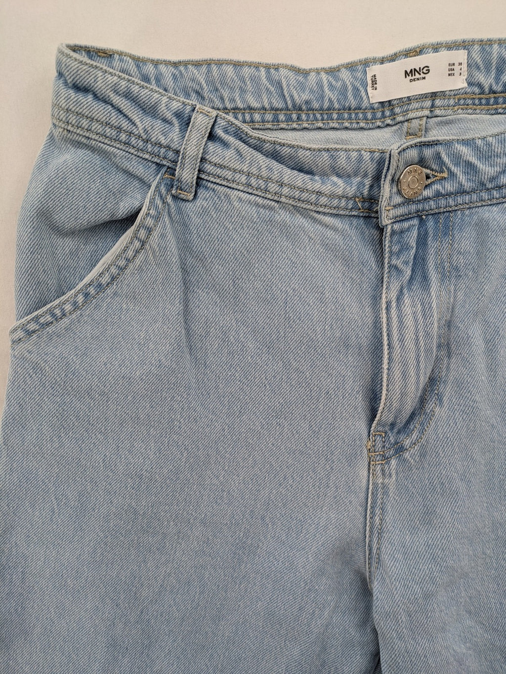 MNG blue straight jeans with cargo pockets and raw hem, high waist denim.
