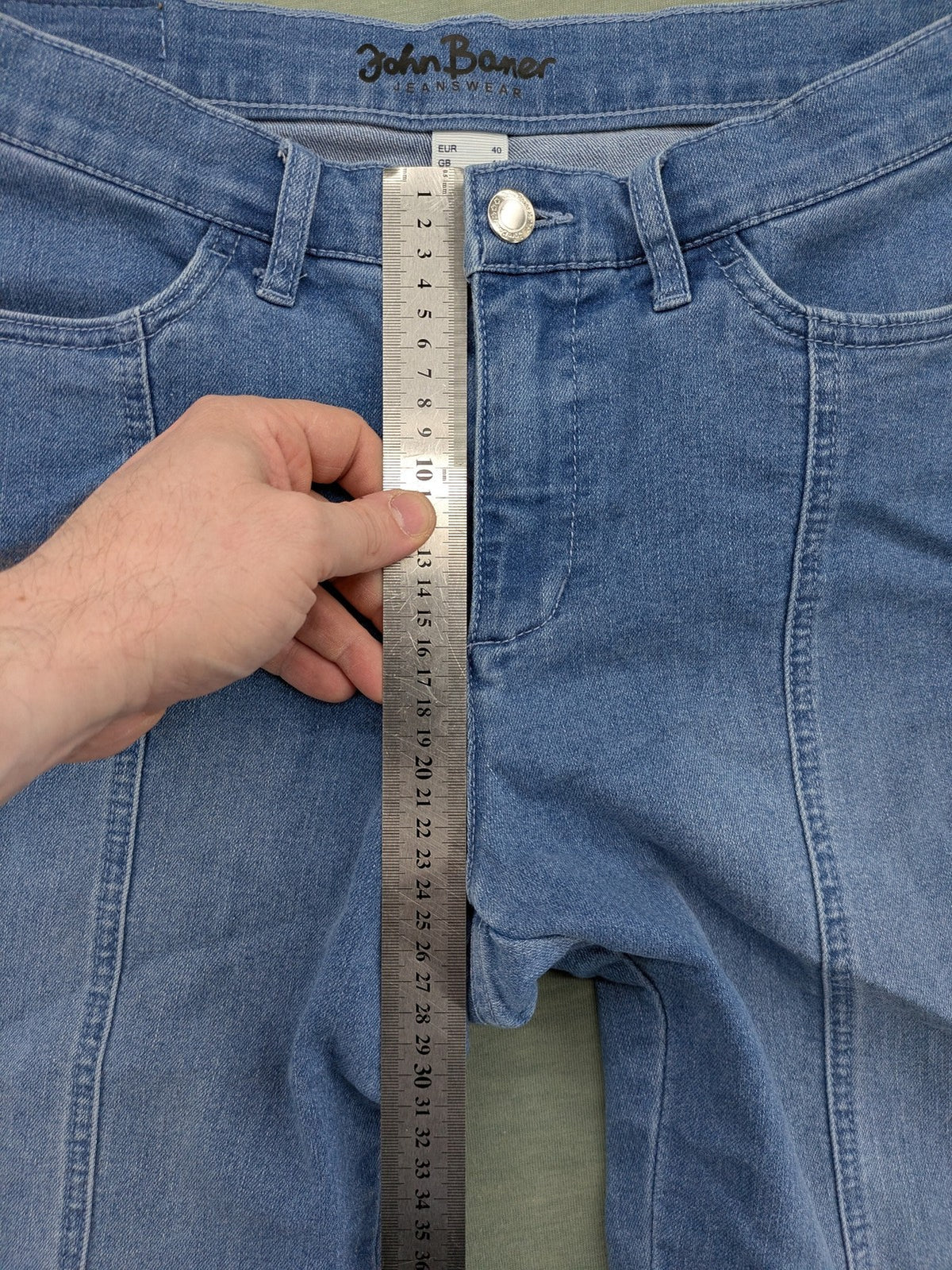 john baner blue straight jeans with decorative seams and button accents, stretch cotton blend