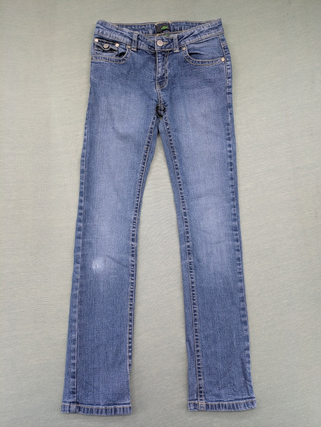 Bamboo blue straight jeans size 158, medium wash, classic 5-pocket style, stretch denim.