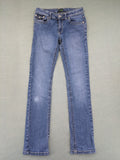 Bamboo blue straight jeans size 158, medium wash, classic 5-pocket style, stretch denim.