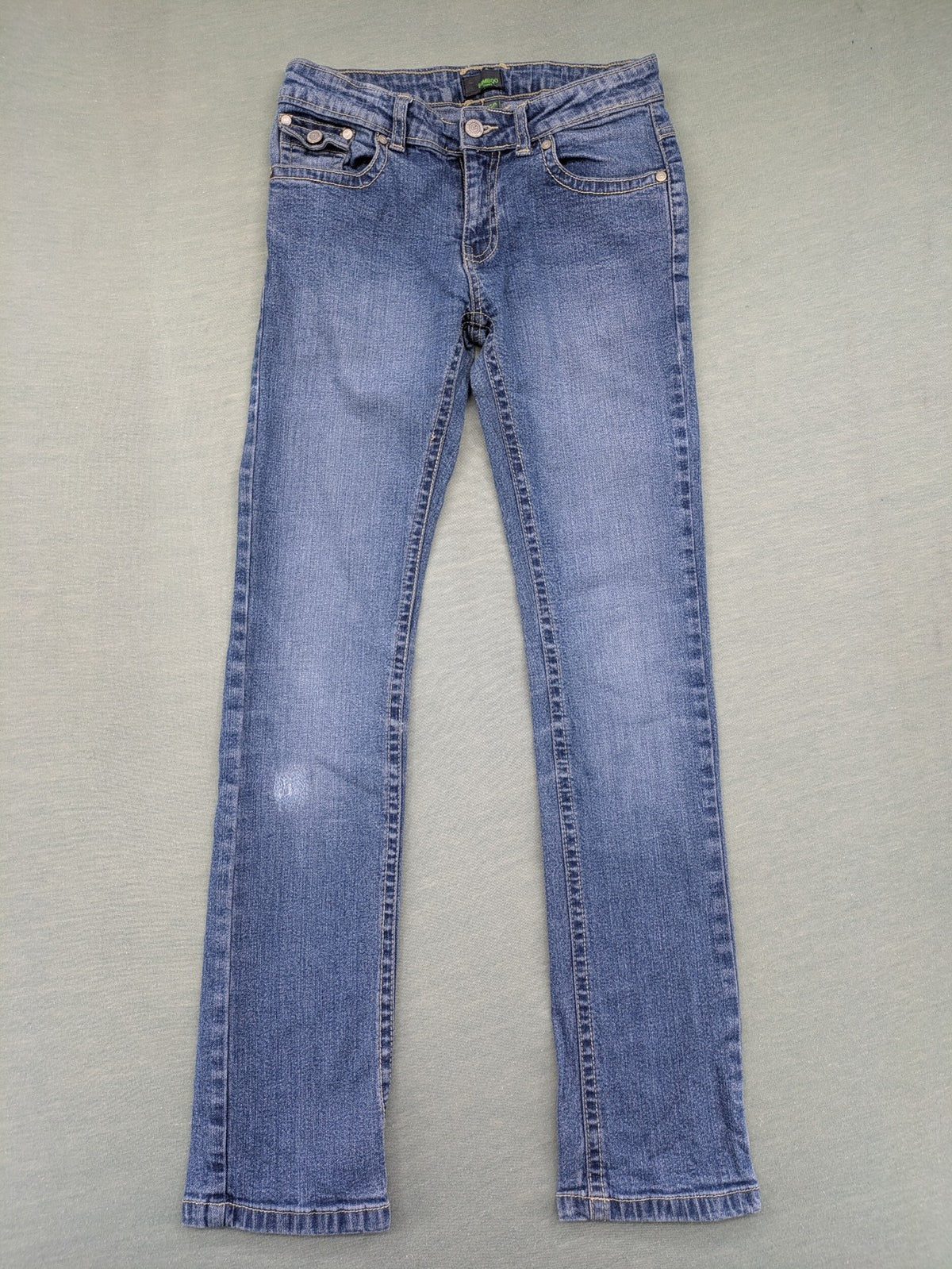 Bamboo blue straight jeans size 158, medium wash, classic 5-pocket style, stretch denim.