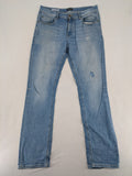 Manguun blue straight jeans with distressed wash and classic 5-pocket design.