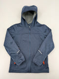 Crane navy softshell jacket with fleece lining, full zip, orange accent zippers.