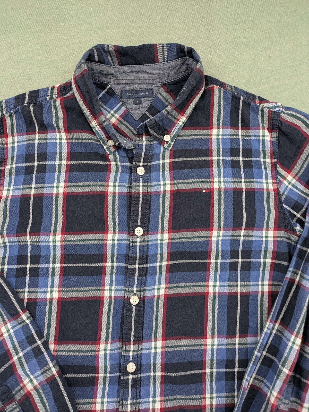 Tommy Hilfiger long-sleeve shirt multi-colored check pattern with embroidered logo tag.