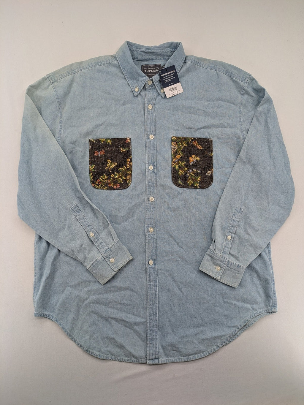 Topman vintage oversized denim shirt blue with floral and insect pattern, button-down style.