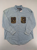 Topman vintage oversized denim shirt blue with floral and insect pattern, button-down style.